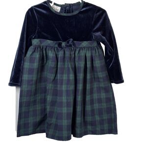 Youngland Vintage Girls Green Plaid + Blue Velvet Dress Size 2T